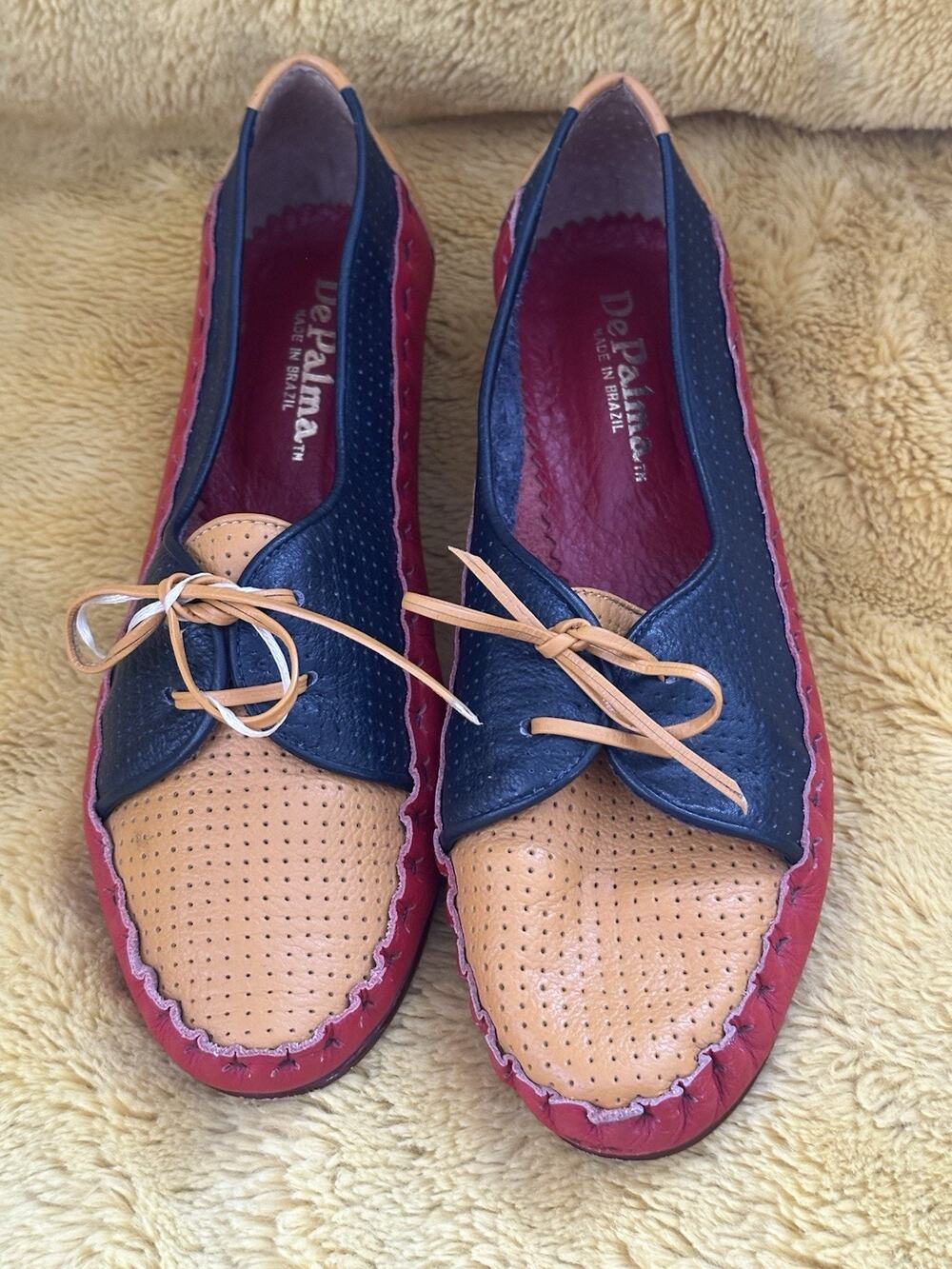 De Palma Women’s Shoes Preppy Genuine Leather Sz 6.5/7 Tan Navy Red Chic Vintage